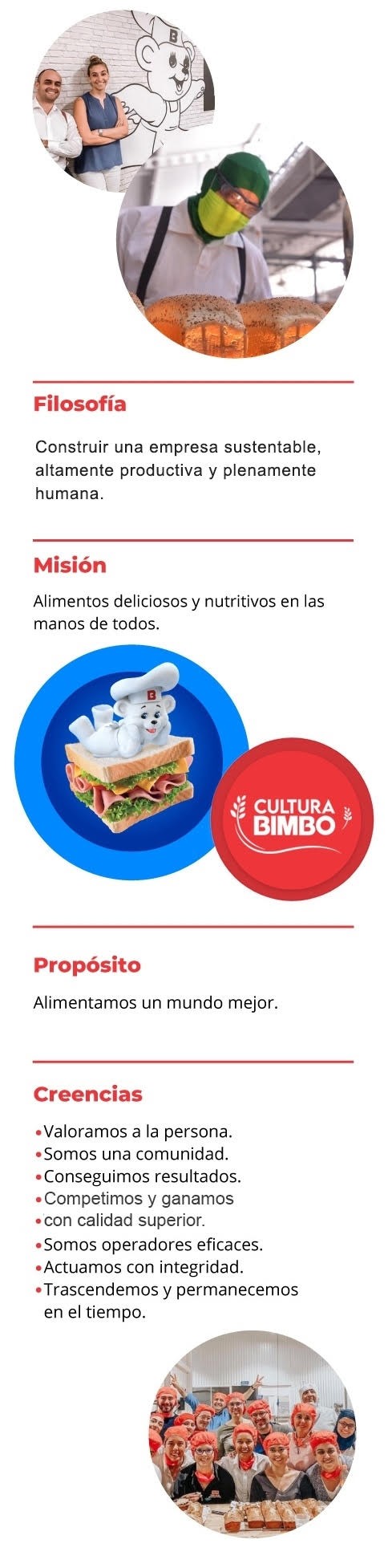 Nuestra filosofía es ser una empresa sustentable, altamente productiva y plenamente humana.  Nuestra misión es tener alimentos deliciosos y nutritivos en las manos de todos. Nuestro propósito es alimentar un mundo mejor. Nuestras creencias son que valoramos a la persona, somos una comunidad, conseguimos resultados, competimos y ganamos, somos operadores eficientes, actuamos con integridad, trascendemos y permanecemos con el tiempo.
